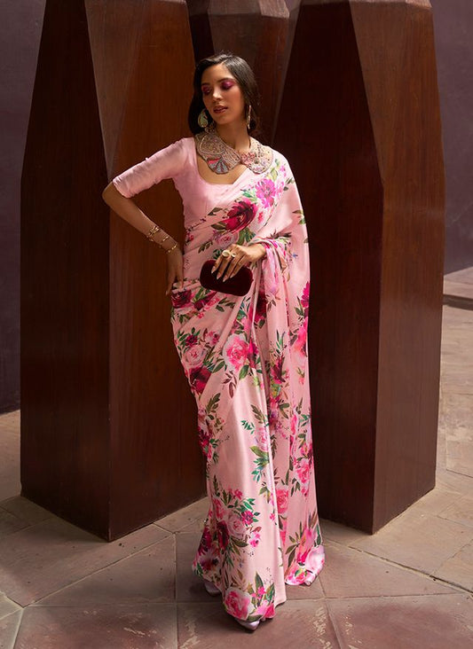 Light Pink Floral Print Ethnic Sarees