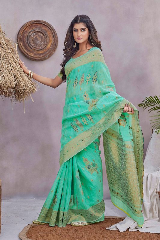 Sea Green Color Ethnic Linen Fabric Graceful Festive Saree With Wevon Jacquard Designer