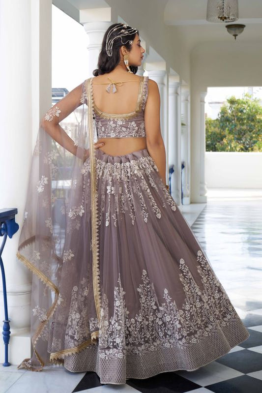 Light Dusty Brown  Color Net Fabric Lahenga With Sequins And Thread Embroidery Work