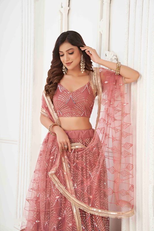 Onion Pink Color Net With Sequins And Thread Embroidery Work -Stitched Lehenga & Unstitched Blouse With Dupatta