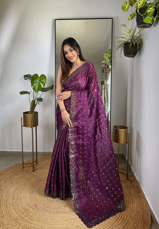 Wine Color Jimmy Choo Fabric Designer Bollywood Sequins Work Saree