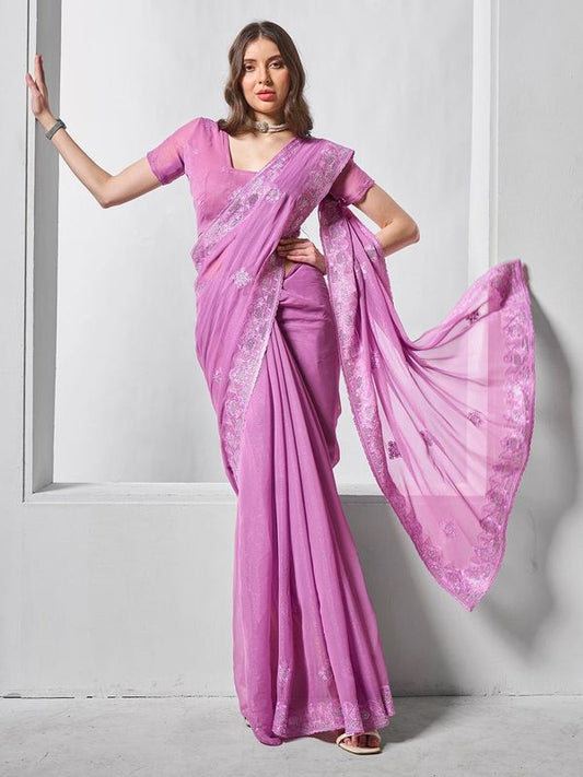 Purple Color Shimmer Chiffon Fabric Designer Embroidery Work Ceremonial Partywear Saree