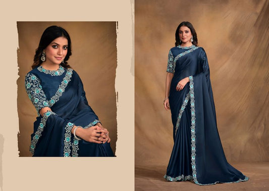 Teal Blue Designer Embroidery & Stone Work Satin Silk Georgette Saree