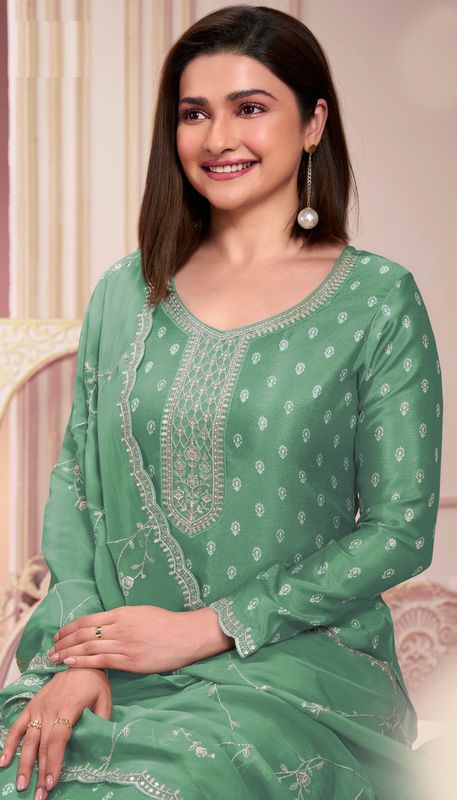 Green Color Silk Georgette Ethnic Partywear Designer Printed With Embroidery Work Salwar Kameez