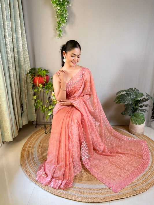 Designer Sequance Embroidery Work Peach Color Crystal Silk Fabric Bollywood Style Partywear Saree