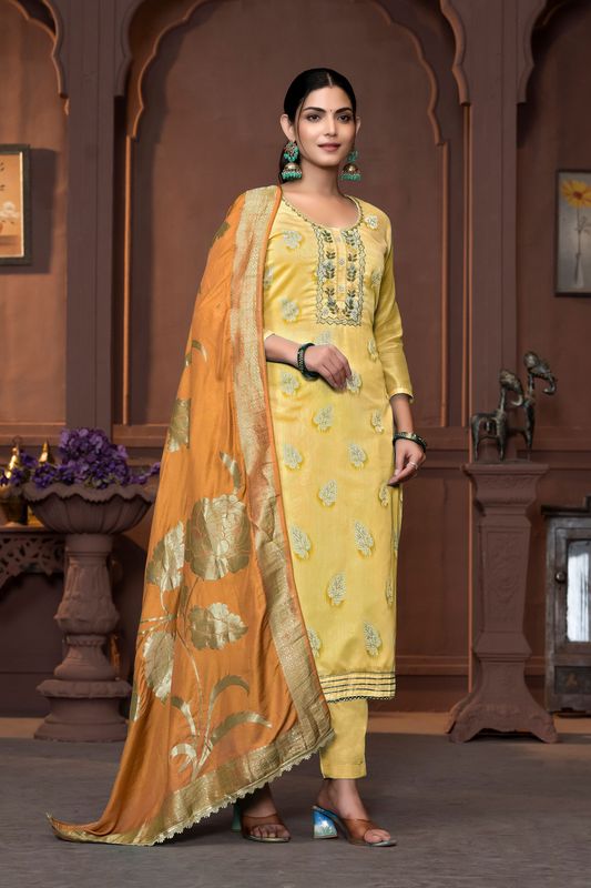 Yellow Color Modal  Fabric Wevon Designer With Hand Work For Beautiful Ethnic Looks Designer Wedding Wear