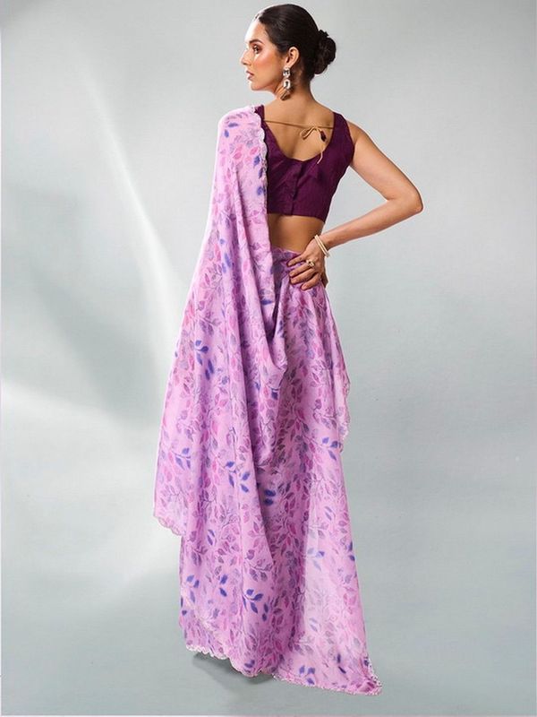 Lavender Color Satin Georgette Fabric  Designer Printed Graceful Bollywood Style Party Saree