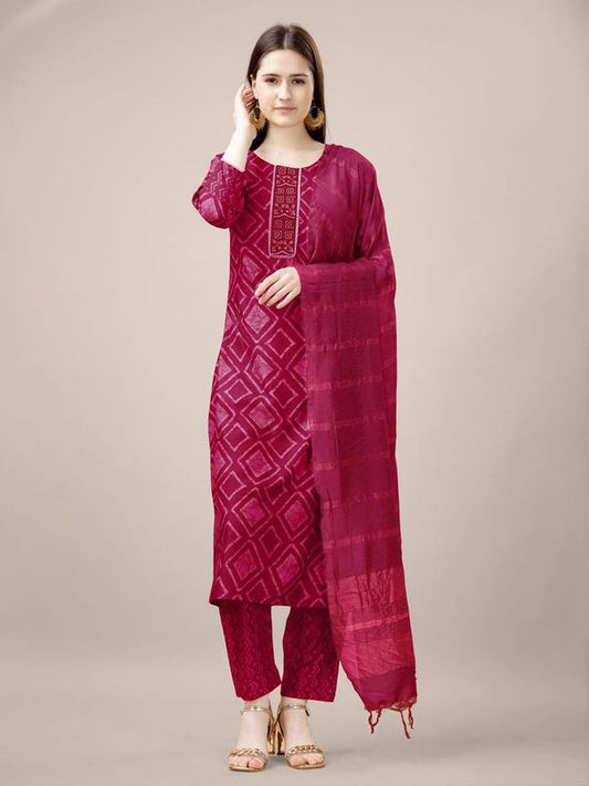 Pink Color Rayon Fabric Designer Printed Readymade Suits With Smart Embroidery Work