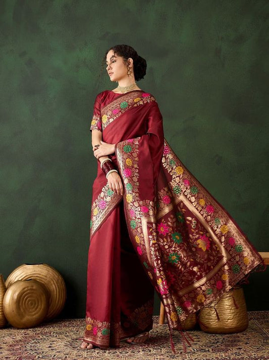 Maroon Silk Wevon Jacquard Designer Traditional Rich Saree