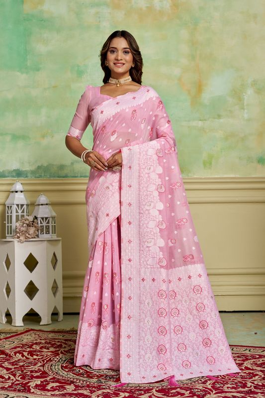 Pink Color Cotton Saree With Graceful Woven Designer Work