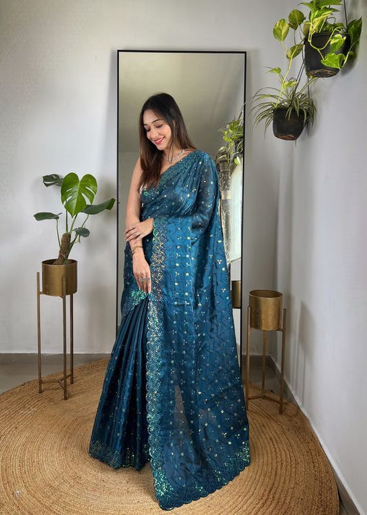 Teal Thread & Sequance Embroidery Work Jimmy Choo Saree