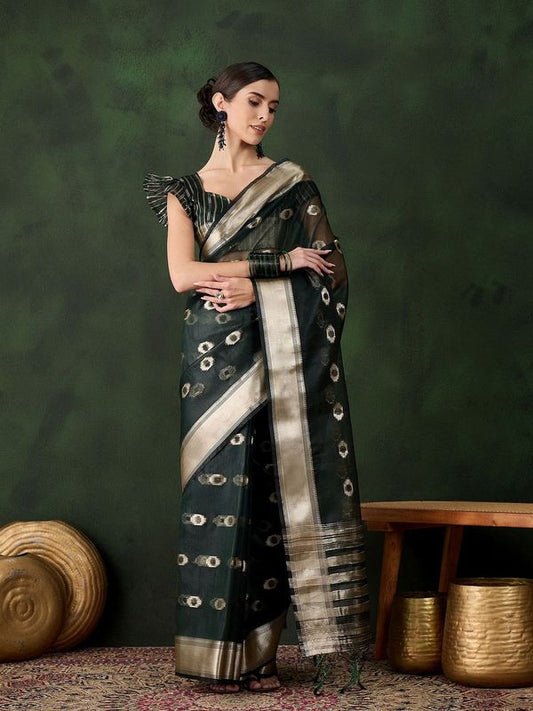 Green Wevon Jacquard Designer Khadi Organza Saree