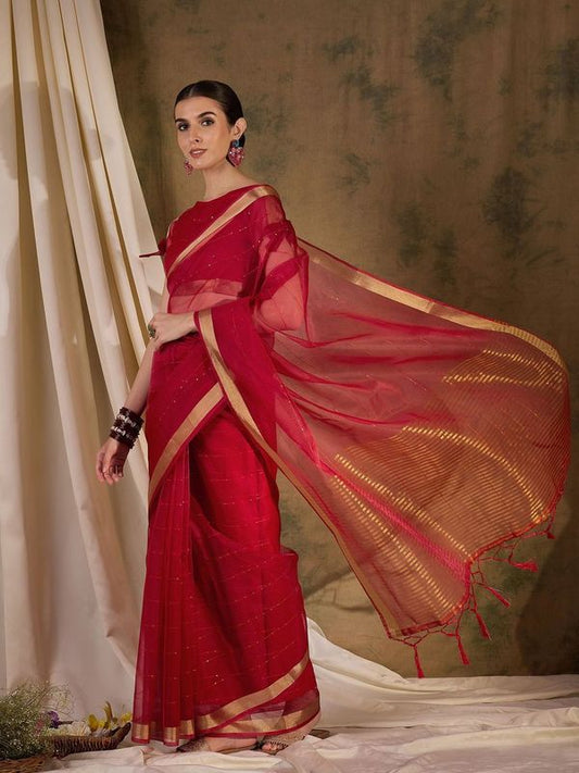 Red Wevon Jari Pallu Border Designer & Sequance Lining Work Organza Silk Saree