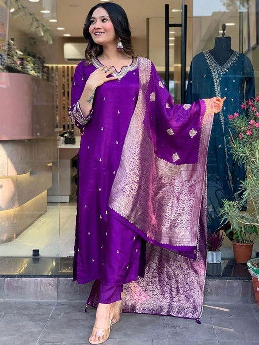 Purple Color Designer Partywear Roman Silk Fabric Embroidered Suit