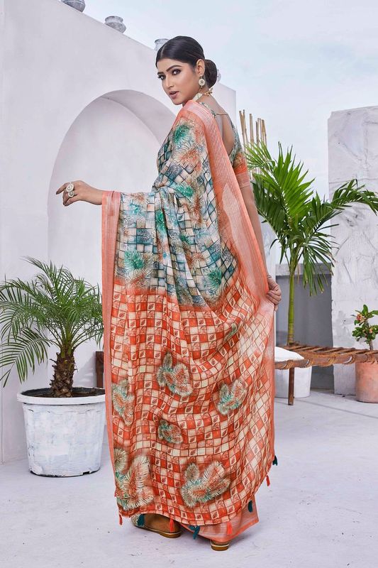 Green Digital Printed Designer Linen Blend Saree