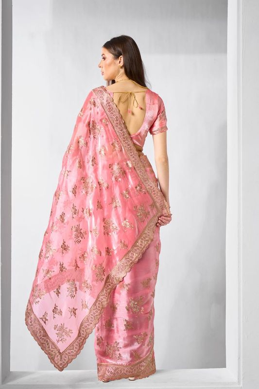 Coral Color Burburry Fabric Bollywood Style Designer Embroidery Work Evening Party Saree