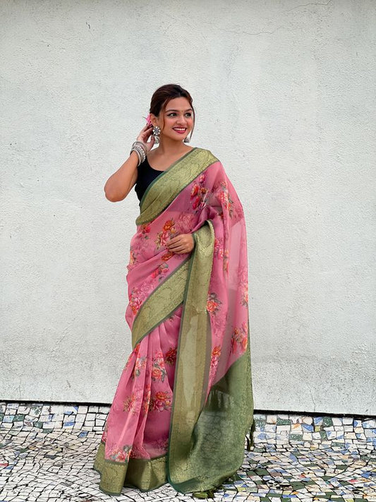 Red Wevon Designer & Floral Printed Crush Tissue Saree