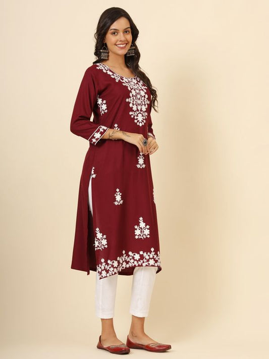 Maroon Liva Rayon Chickenkari Thread Embroidery Work Formal Looks Indian Ethnic Kurta