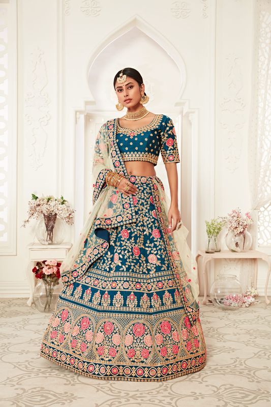 Blue Women's Slub Silk Embroidery Lehenga Choli