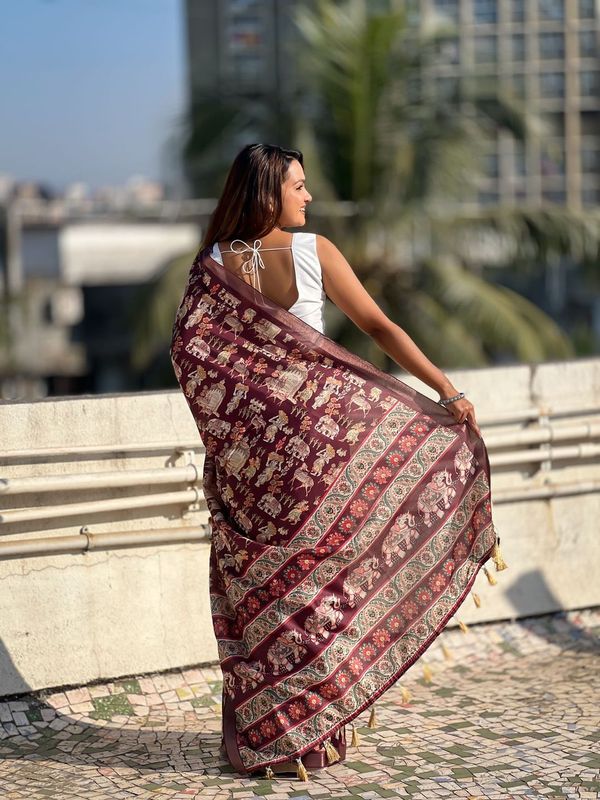 Wine Wevon Jari Border & Designer Digital Printed Tussar Silk Saree