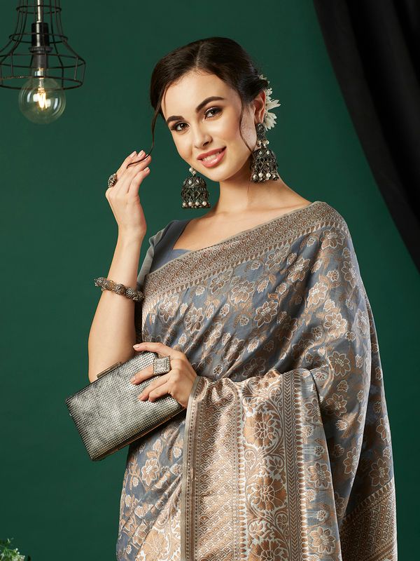 Grey Wevon Jacquard Designer Linen Saree