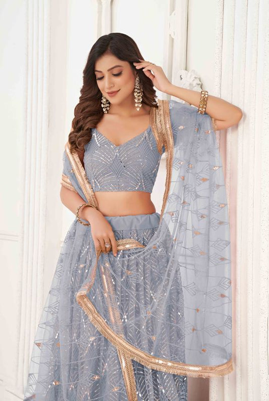 Light Gray Color Net Fabric Lehenga Choli With Sequins And Thread Embroidery Work