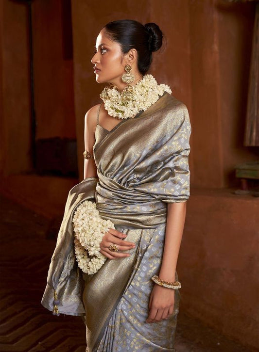 Grey Weaving Jacquard Jari Designer Banarasi Silk Saree