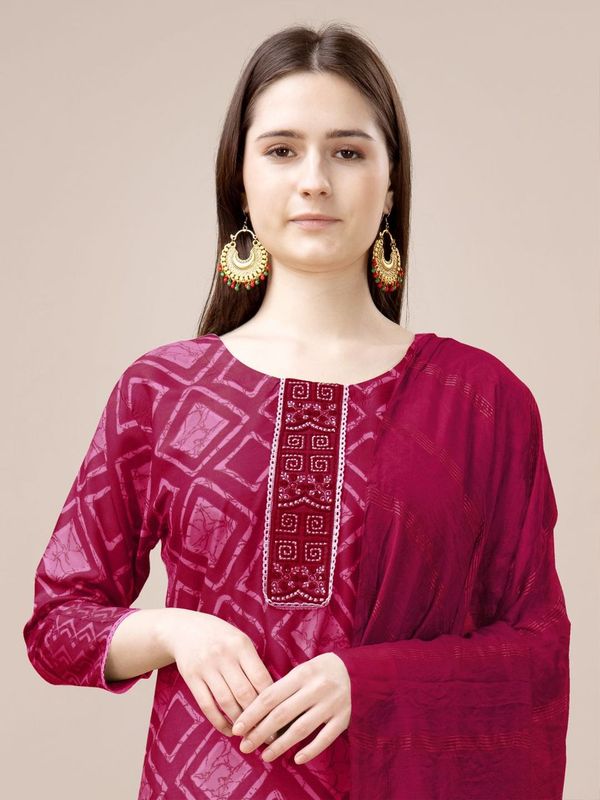 Pink Color Rayon Fabric Designer Printed Readymade Suits With Smart Embroidery Work