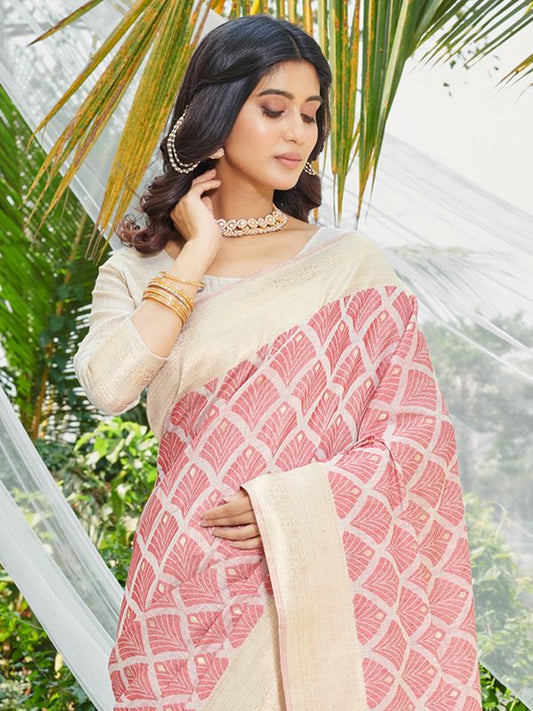 Pink Wevon & Designer Printed Cotton Saree