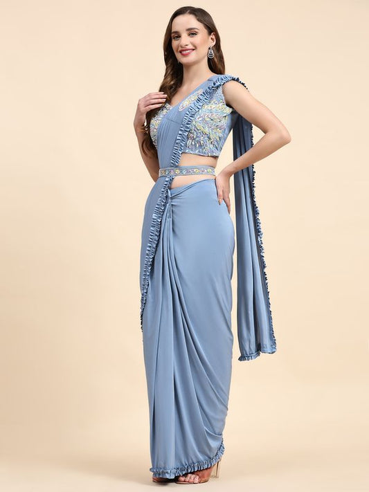 Blue Solid & Sequance Embroidery Work Lycra Saree