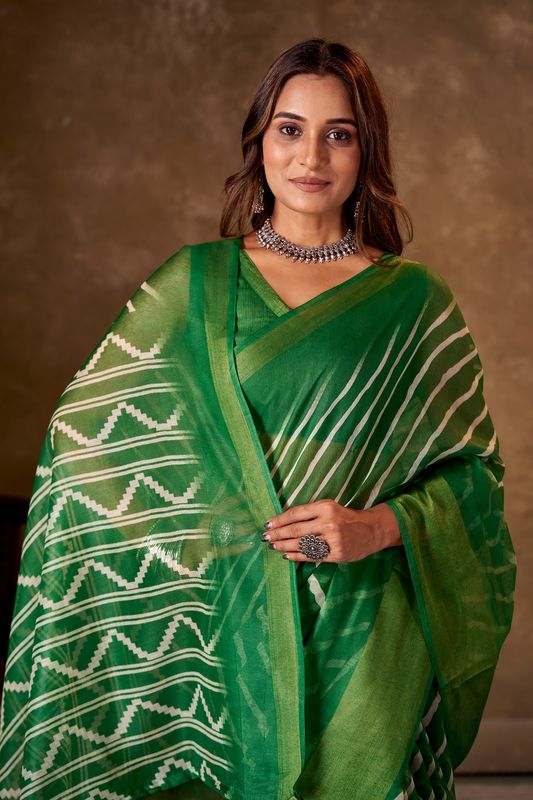 Green Cotton Leheriya Saree and Stitched Green Blouse