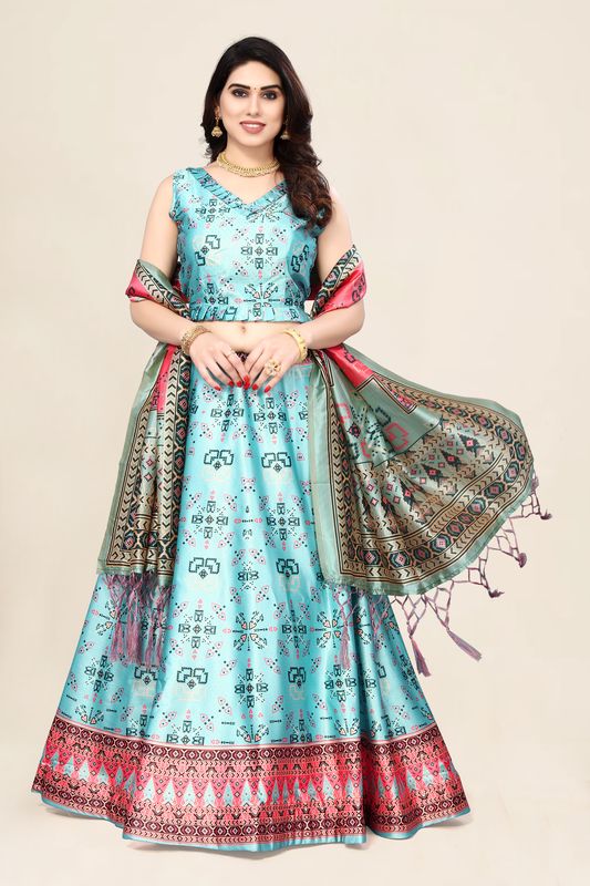 Digital Print Satin Silk Fabric Stitched Lehenga Choli With Jequared Blouse and Assami Silk Thread Work Dupatta For Women and Girls In Festive Party And Traditional Wear