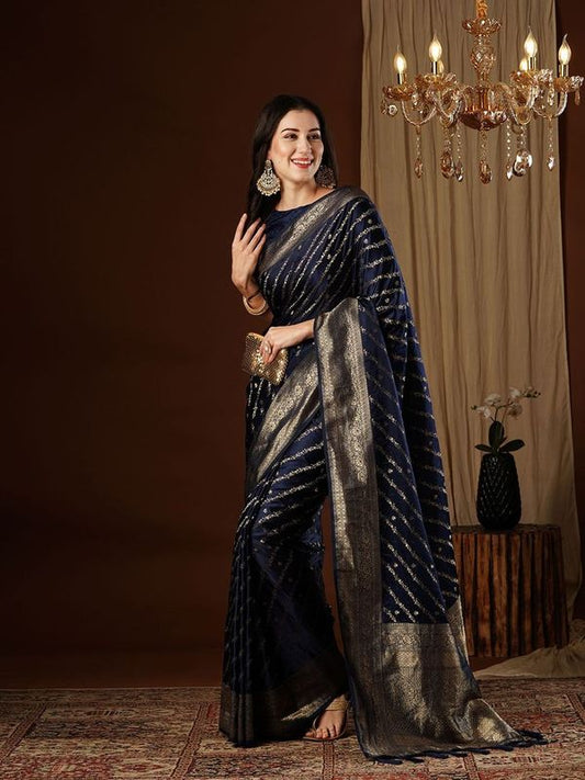 Nevy Blue Wevon Jacquard Designer Satin Silk Saree