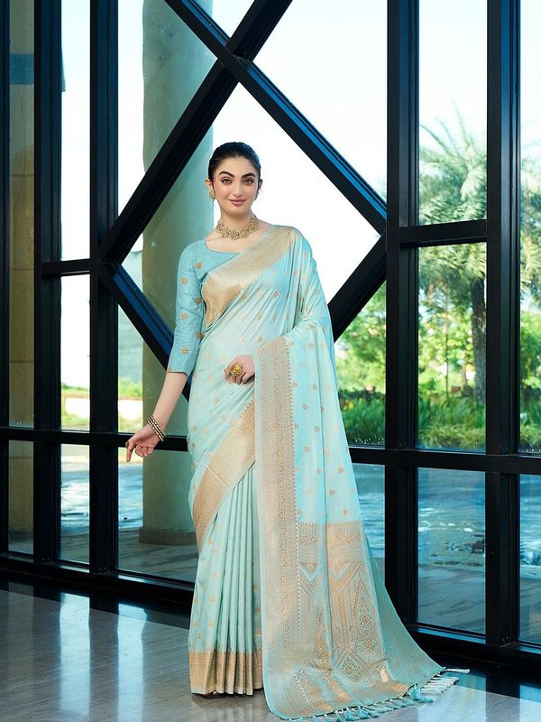 Aqua Wevon Jacquard Designer Nylon Banarasi Saree