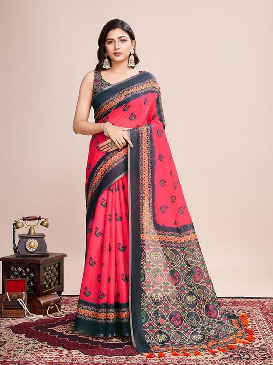 Multy Wevon Jari Border & Digital Printed Linen Saree