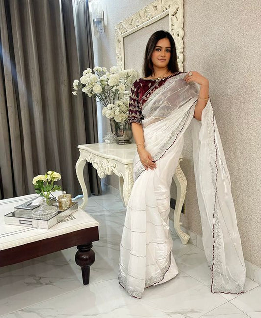 White Heavy Silver Jari & Sequance Embroidery Work Jimmy Choo Saree