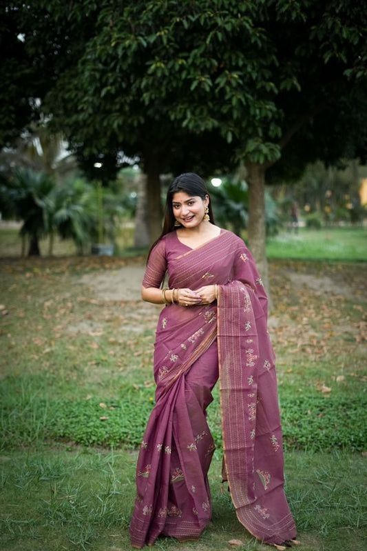 Elegant Purple Khadi Tussar Silk Saree With Sophisticated Designer Kantha Stitch Thread Embroidery Work