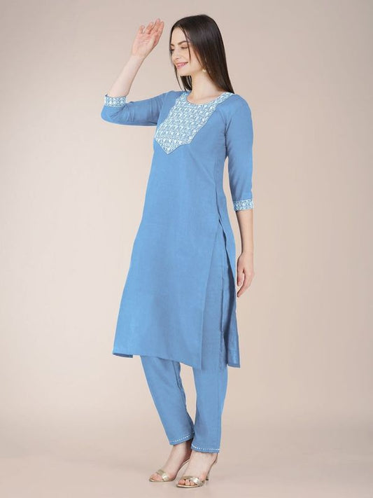 Sky Blue Color Cotton Blend Sophisticated Partywear Suit For Girlie Looks