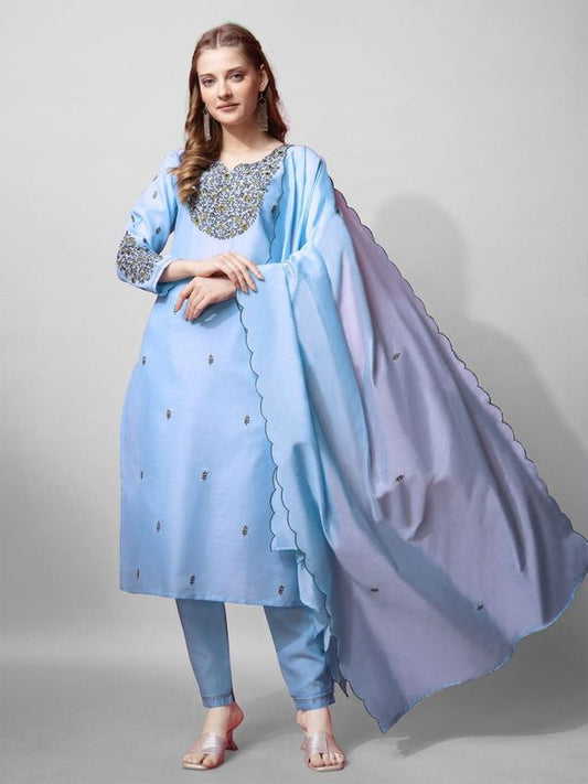 Sky Blue Color Cotton Blend Readymade Dress With Designer Embroidery Work