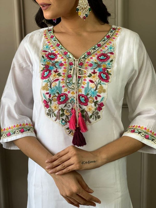 White Chanderi Silk Straight Kurta