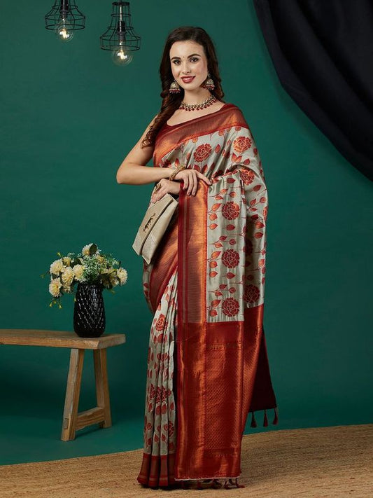 Grey Wevon Jari Designer Banarasi Silk Saree