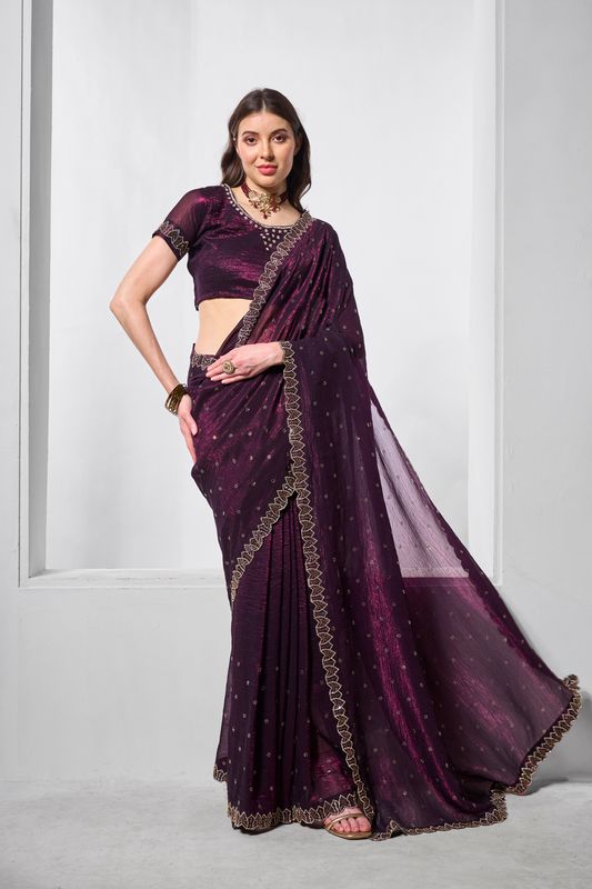 Wine Color Crunchy Chiffon Fabric Designer Embroidery Work Ceremonial Partywear Saree