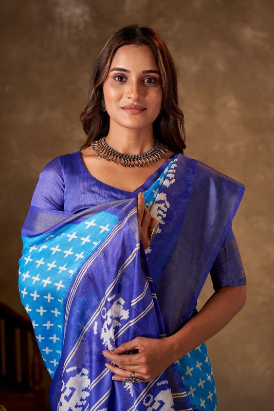 Sky Blue Cotton Printed Saree and Stitched Dark Blue Blouse