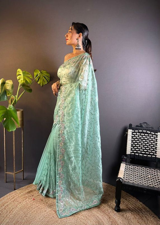 Sea Green Color Twill Net Fabric Designer Girlie Saree With Trendy Embroidered Saree