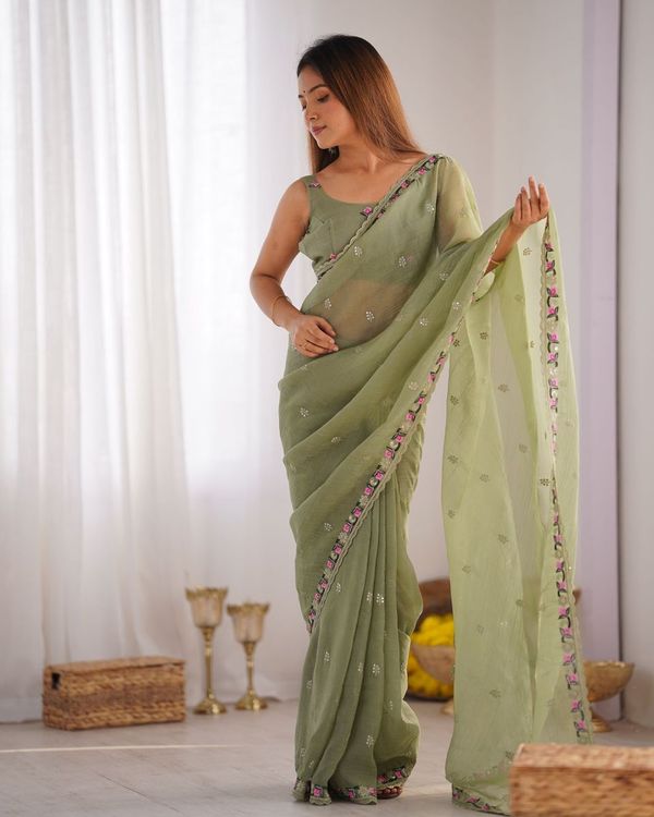 Pista Pixel Silk Thread And Sequins Embroidery Work Partywear Girlie Saree