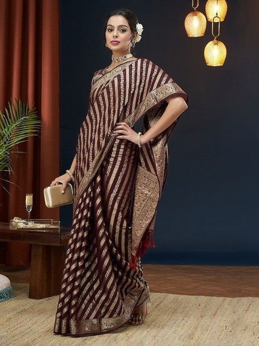 Maroon Georgette Leheriya Saree With Tassels on Pallu and Stitched Maroon Blouse