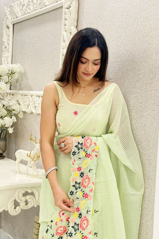 Green Color Shimmer Silk Fabric Girlie Thread And Sequins Embroidery Work Bollywood Saree