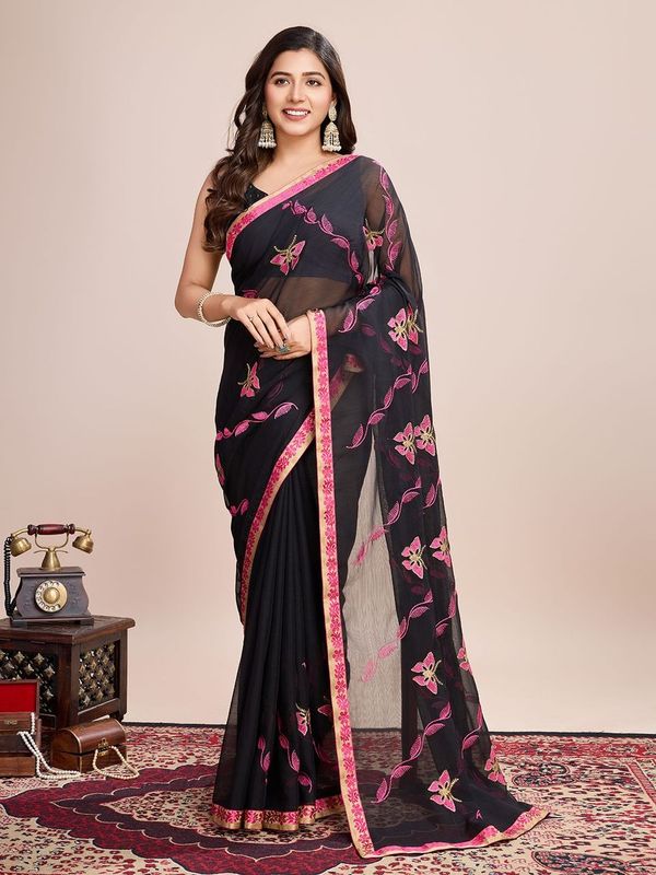 Black Designer Embroidery Work Georgette Saree
