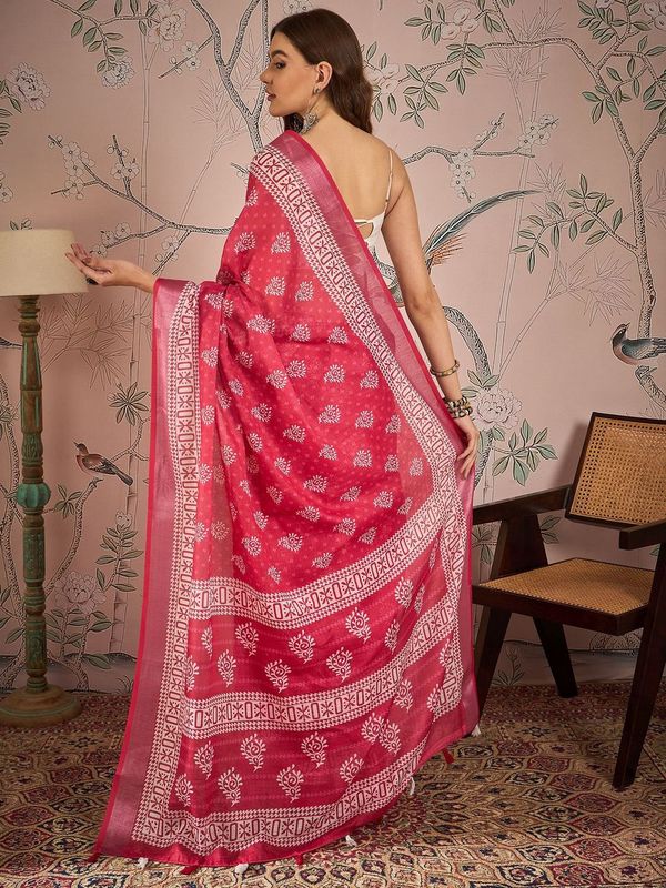 Pink Color Digital Printed Designer Linen Fabric Graceful Saree