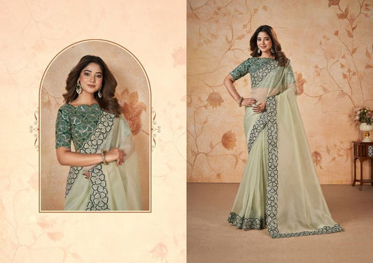 Cream Heavy Embroidery & Patch & Pearl Work Net Organza Georgette Saree